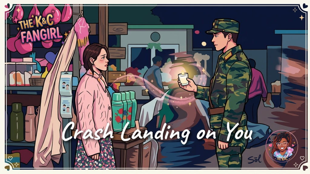 Captain Ri holding glowing scented candle high in the dark, crowded North Korean market street, eyes locking directly onto Yoon Se-ri as the crowd moves around them.