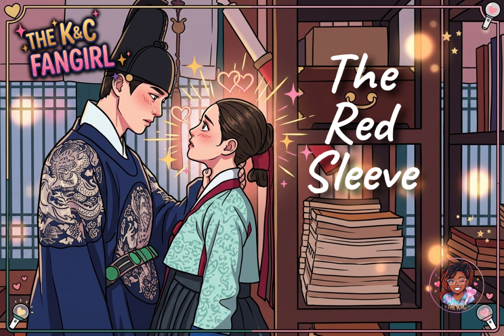 Crown Prince Yi San trapping Court Maid Deok-im against the bookshelves in the royal library, their eyes locked in a suffocating standoff.